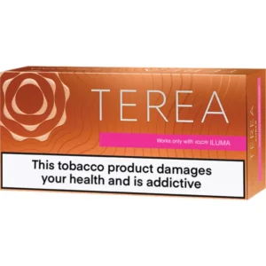 Terra tobacco product box in orange with a large warning label: 'This tobacco product damages your health and is addictive'.