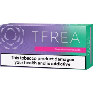 TEREA IQOS ILUMA tobacco box with a large health warning banner stating health risks and addiction.