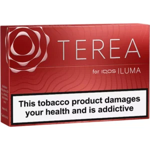 Red Terea for IQOS ILUMA cigarette box with large health warning label stating 'This tobacco product damages your health and is addictive'