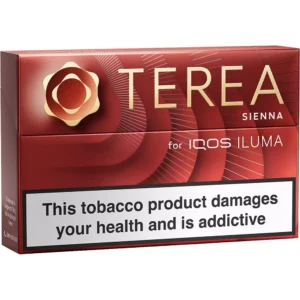 terea-sienna-for-iqos-iluma-3 - iqos Terea İluma i One i Prime Red TEREA Sienna tobacco box for IQOS ILUMA, featuring a rose-like logo and a prominent health warning on the front.