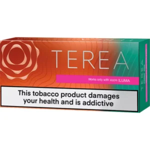 Tobacco product box with bold 'TEREA' branding and a health warning banner reading 'This tobacco product damages your health and is addictive'