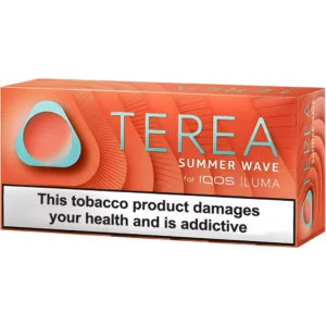 terea-summer-wave-coral-tide-10-packs-3 - iqos Terea İluma i One i Prime Orange TEREA Summer Wave for IQOS ILUMA tobacco product packaging with a large health warning banner saying This tobacco product damages your health and is addictive