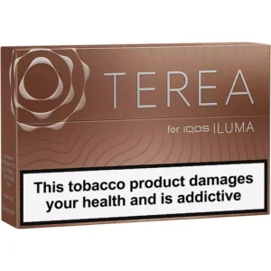 Terea for IQOS ILUMA tobacco product packaging with a bold health warning banner reading "This tobacco product damages your health and is addictive"
