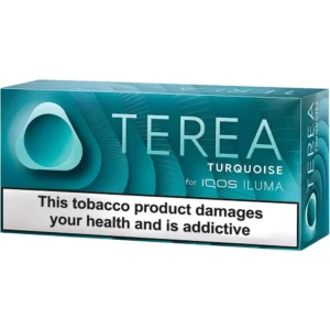 Box of TERÉA Turquoise for IQOS ILUMA with a bold health-warning label across the front: 'This tobacco product damages your health and is addictive.'