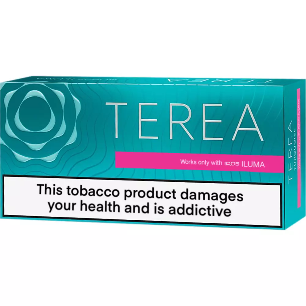 terea-turquoise-10-packs - iqos Terea İluma i One i Prime Blue-green TEREA tobacco product box with pink label and bold health warning reading 'This tobacco product damages your health and is addictive.'