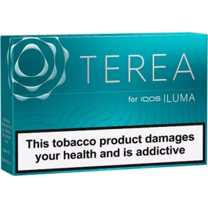 Boxed TEREA for IQOS ILUMA tobacco product with a bold health warning reading 'This tobacco product damages your health and is addictive'