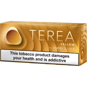 Terea Yellow tobacco box for IQOS ILUMA with a large health warning banner: 'This tobacco product damages your health and is addictive'