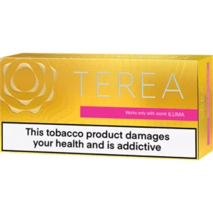 Yellow Terea tobacco product box with a large brand name and a white health warning label on the front, and a pink stripe stating compatibility with IQOS ILUMA.