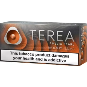Terea IQOS ILUMA tobacco product box with orange swirl design and a bold health warning across the front.