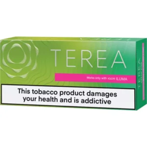 Green Terea tobacco product box with health warning: 'This tobacco product damages your health and is addictive'
