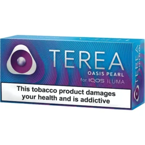 terea-oasis-pearl-10-packs-2 1 - iqos Terea İluma i One i Prime Packaging for TEREA Oasis Pearl for IQOS ILUMA, a blue-purple box with a prominent warning: 'This tobacco product damages your health and is addictive'