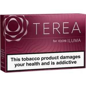 Magenta TEREA for IQOS ILUMA cigarette box with a large health warning: This tobacco product damages your health and is addictive.