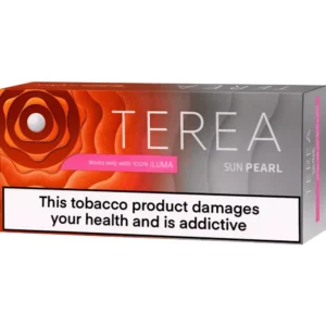 IQOS ILUMA Terea Sun Pearl tobacco product box with a large health warning across the front.