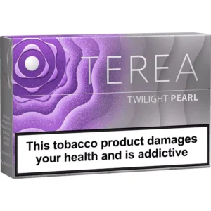 Purple-gray Terra Twilight Pearl cigarette pack with a bold health warning: 'This tobacco product damages your health and is addictive'